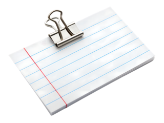 Index card with binder clip isolated on transparent background