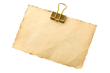 Blank aged paper note with a golden binder clip isolated on transparent background