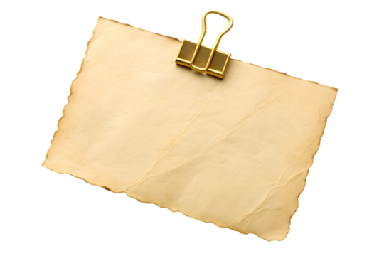 Blank aged paper note with a golden binder clip isolated on transparent background