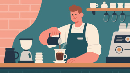 The barista is making coffee. Cartoon hand-drawn vector illustration