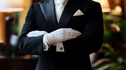 Elegant gentleman in tuxedo with white gloves exudes sophistication and impeccable service for exclusive events