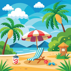 Tropical beach with palm trees, umbrella and beach chair on a sunny day