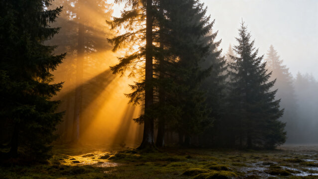 Sunlight streaming through forest trees
