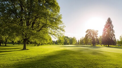 fairway. Vast green golf course under bright sunlight, capturing the tranquility of open landscapes. travel magazines, destination branding, designed for outdoor magazines and nature guides.
