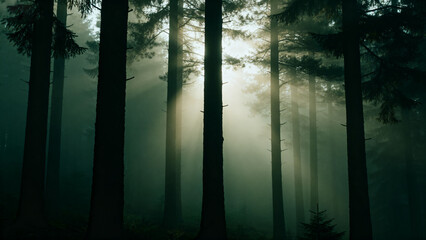 Fototapeta premium Sunlight filtering through misty forest trees