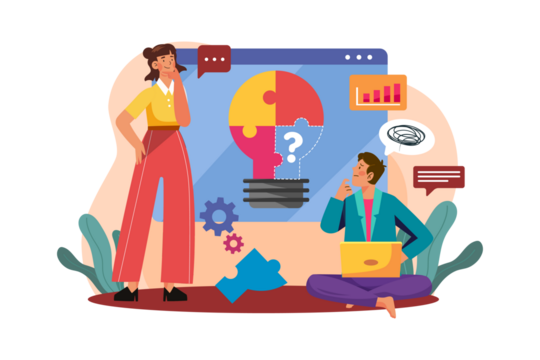 Puzzled Woman and Man Pondering Light Bulb Puzzle with Orange Red Yellow Piece in Illustration Vector Graphic