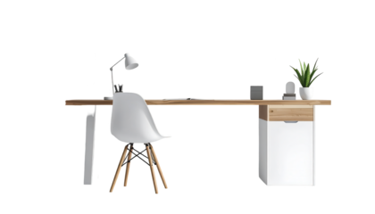 Modern minimalist workspace featuring a wooden desk with white accents, a white chair, and decorative elements like a potted plant and a desk lamp against a black background, creating a clean and...