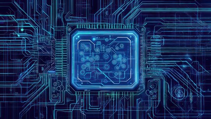 Futuristic Microchip and Circuit Board with Glowing Blue Light.