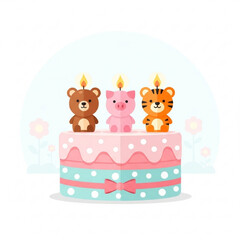 Colorful birthday cake featuring cute animal figurines of a bear, pig, and tiger with candles, surrounded by whimsical flowers and a soft pastel background for festive celebrations	