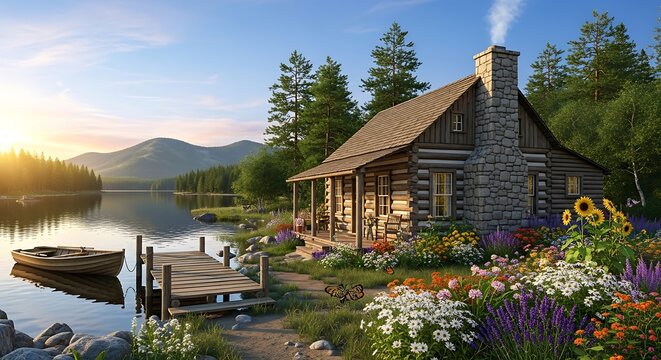 Peaceful Lakeside Cabin Sunrise.