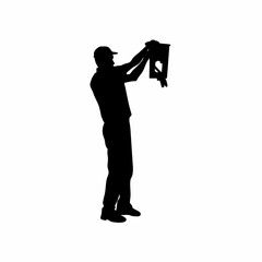 Silhouette of caretaker replacing damaged feeder isolated on white background