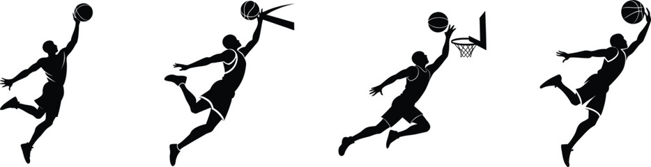 Dynamic basketball player dunking silhouette set four athletic sports action poses vector © Graphics Dot