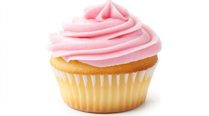 Delicious cupcake with pink frosting. Sweet treat in a white paper cup on a plain background.