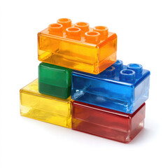 Stack of colorful translucent building blocks isolated on transparent background