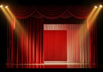 Dramatic red stage curtain illuminated by spotlights signifying performance and theater anticipation on a polished floor