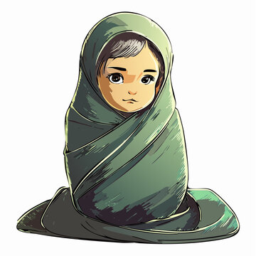 oversized scarf wrapped like a blanket tiny child swaddled in a forest green scribble-textured scarf billowing behind cozy winter warmth illustration for editorial stickers and apparel
