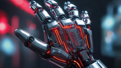 Futuristic Robotic Hand with Glowing Red Circuits and Metallic Finish.