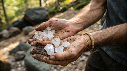 Outdoor scene of dirty hands holding natural raw crystals, representing geology exploration, earth&rsquo;s treasures, and raw crystal healing.&rdquo;
