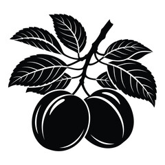 Black and white linocut style plums on a branch with detailed leaves silhouette