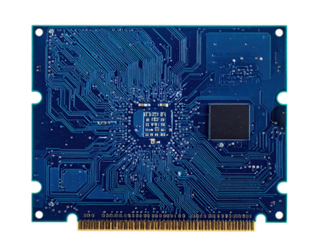 Detailed top-down shot of a circuit board, exhibiting an intricate network of blue electronic pathways on a dark background, showcasing technological infrastructure and digital connection for...