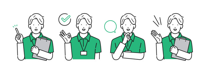 イラスト素材【介護イメージ】：様々なポーズをとる介護福祉士の男性・シンプルタッチ
