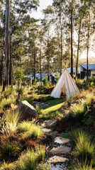 Brightly designed playroom features a white teepee nestled among greenery, encouraging kids to explore nature while participating in various outdoor games and activities