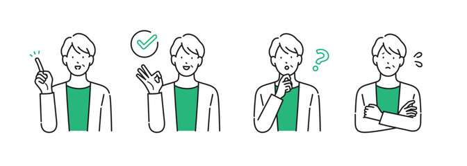 イラスト素材：様々な表情やポーズをとるシニア女性・シンプルタッチ