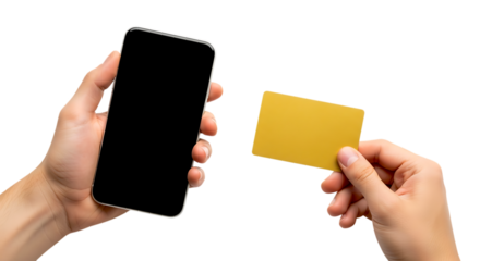 Hands holding smartphone and credit card isolated on transparent background