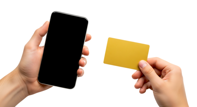 Hands holding smartphone and credit card isolated on transparent background - Powered by Adobe