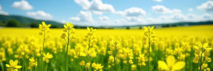 Obraz premium Bright yellow rapeseed field in springtime bloom, seasonal, yellow, seed