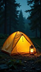 Bright yellow tent, vintage lantern glows nearby, rustic, vintage, woods
