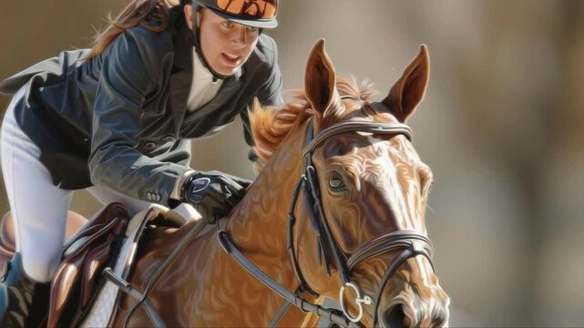 Successfully Overcoming an Obstacle: A stylized, slow-motion video sequence of a close-up of a spectacular, tense jump over a hurdle by an equestrian athlete on her horse