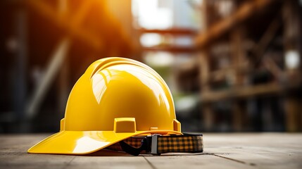 Essential yellow hard hat rests on weathered wood, symbolizing safety and construction industry dedication.
