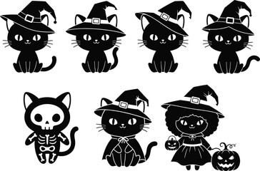 Halloween black cat cartoon character vector illustration set with witch hat, pumpkin, spooky costume design, festive seasonal decoration artwork collection