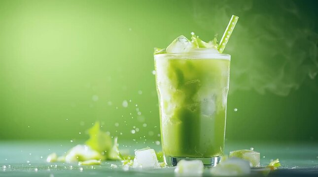 Refreshing Iced Green Juice Cold Drink with ice cubes  splash, Healthy Beverage, Cool Summer Refreshing Green Background