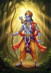 Obraz premium Iconic blue-skinned Lord Rama with bow and arrow, standing in a radiant, golden, mythical forest.