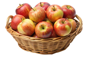 A woven basket overflowing with freshly picked gala apples isolated on transparent background