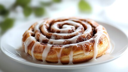 Indulgent cinnamon roll drizzled with sweet icing, perfect for breakfast or a delightful treat.