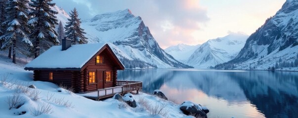 Cozy Norwegian cabin, snow-capped mountains, tranquil fjord lake , winter, Scandinavia