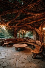 A cozy outdoor seating area, crafted from rustic wood and nestled beneath a canopy of interwoven tree branches, evokes a sense of tranquility and natural beauty.