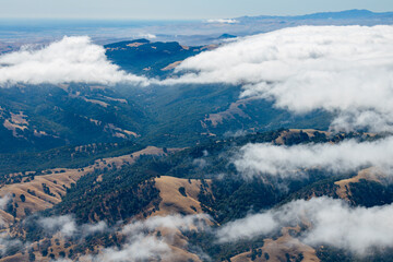 Scenic view from Mount Tamalpais East Peak in Marin County, California, with rolling hills, oak...