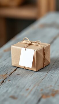 Simple wrapped parcel with string and blank tag resting on weathered grey wood surface close up
