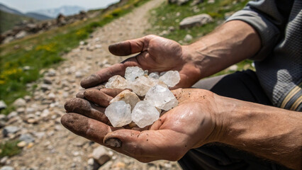Soil-stained hands holding uncut crystals outdoors, highlighting natural geology, raw gemstone beauty, and earthy mineral discovery.&rdquo;
