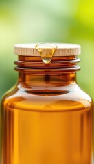 Aromatherapy bottle with golden liquid and a drop on the wooden cap against a blurred natural background