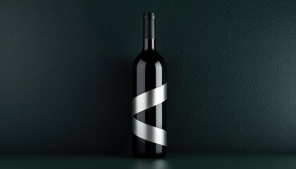 Elegant dark glass bottle with a silver ribbon accent against a dark backdrop for promotional or advertising material