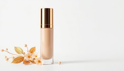Elegant bottle of foundation with gold accents rests on a clean surface with floral ornamentation