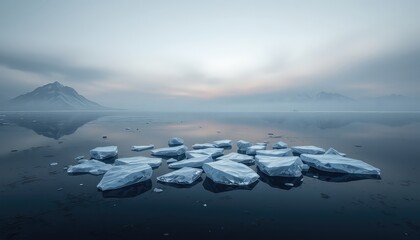 Frozen Vista Ice Floes Drift in a Serene Body of Water, Reflecting Distant Mountain Peaks Beneath a Soft, Muted Sky