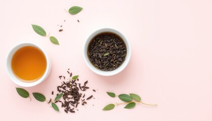 Delicate arrangement displaying refreshing beverage alongside dried leaves and sprigs, emphasizing natural wellness elements on a solid background