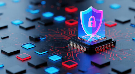 Cybersecurity Microchip Shield Protection Concept with Futuristic Circuitry and Glowing Lock Icon for Data Privacy and Network Security in Digital World
