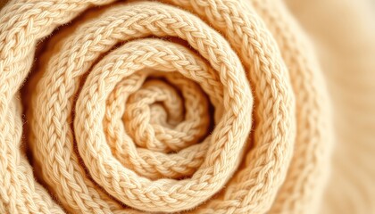 Soft light beige knitted fabric creates a cozy, textured background showcasing depth and detailed patterns in a circular spiral form